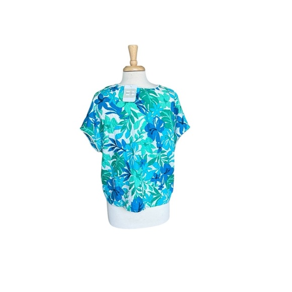Emily Daniel’s Linen Blue and Green Tropical  Print Top Size XL - Picture 3 of 8